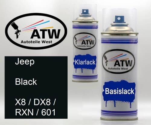 Jeep, Black, X8 / DX8 / RXN / 601: 400ml Sprühdose + 400ml Klarlack - Set, von ATW Autoteile West.